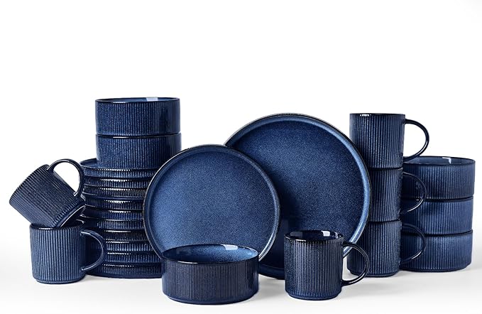Famiware Star Dinnerware Set with Mugs Service for 6 (24 Pieces) Ribbed Stoneware Plates and Bowls Dishes Sets - Chip &amp Scratch Resistant Microwave &amp Dishwasher Safe Nebulas Blue