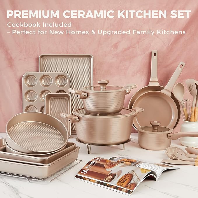HONGBAKE 26 Pcs Pots and Pans Set Non Stick Non Toxic Ceramic Cooking Set With 10 Silicone Utensils Kitchen Induction Cookware &amp Bakeware Sets with Diamond Texture Pattern PFOA Free Gold