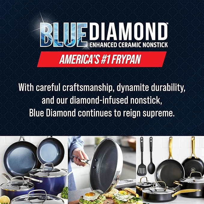 Blue Diamond Hybrid Nonstick Stainless Steel 12 Piece Cookware Set Tri-Ply PFAS-Free Ceramic Diamond Bond Pots &amp Pans Dishwasher &amp Oven Safe to 850F Induction Ready Metal Utensil Safe Sil