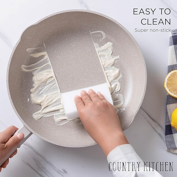 Country Kitchen Non-Stick Cast Aluminum Cookware Set - Durable Kitchen Cookware for Everyday Cooking Cream Round Handle 11 Pc.