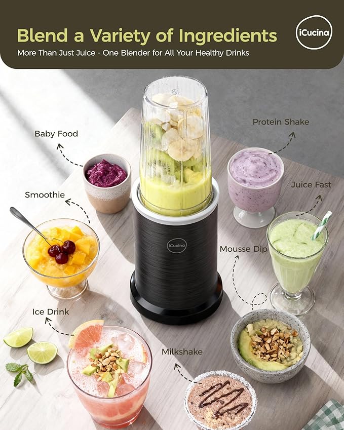 iCucina Smoothie Blender 1000W Personal Blender for Shakes and Smoothies with 2 x 37oz Protable Cups and Lids Single Serve Blenders for Ice Crushing Bean Grinding Frozen Fruit Drinks Black