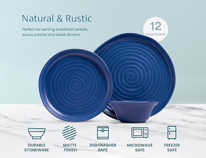 KooK Ceramic Dinnerware Set Service for 4 (12-Piece) Plates &amp Bowls Microwave &amp Dishwasher Safe Organic Shape Navy Blue Spiral