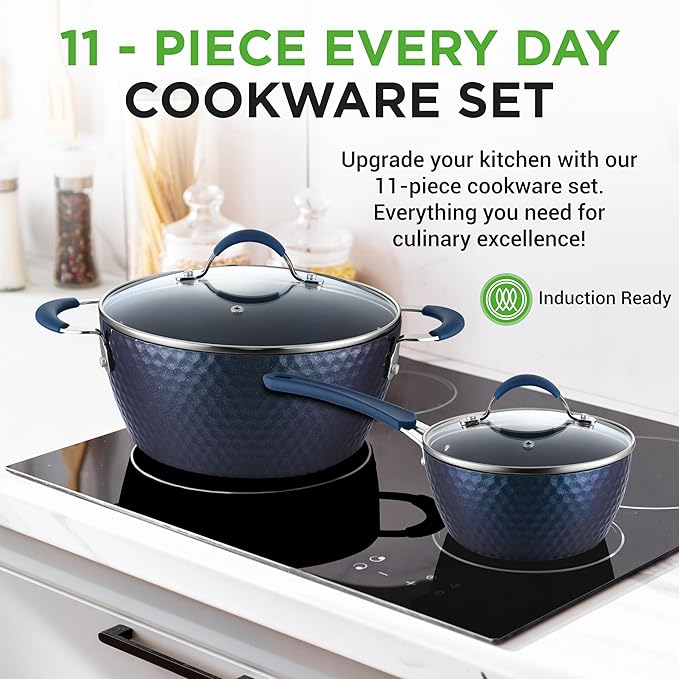 NutriChef 11-Piece Kitchen Cookware Set Non-Stick Pots and Pans Easy-to-Clean Kitchen Utensils Set with Ceramic Coating for Home Cooking Induction Safe Diamond Pattern