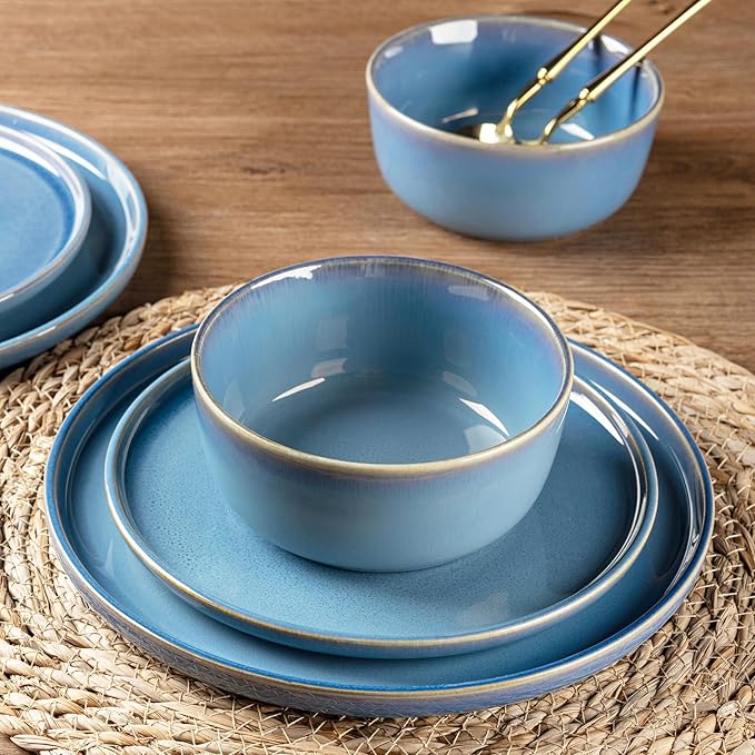 GBHOME Ceramic Dinnerware Sets for 4 12 Pieces Stoneware Plates and Bowls Sets Reactive Glaze Dishes -Scratch Resistant Dishwasher&ampMicrowave Safe-Alaskan Blue