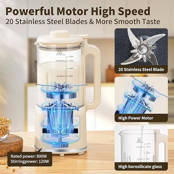 8 in 1 Nut Milk Maker Blender With 20 Bladers40oz Soy Almond Oat Coconut Plant Based and Non Dairy Beverages Automatic Soybean Machine With Delay Start/Keep Warm/Boil Water/Auto-clean.