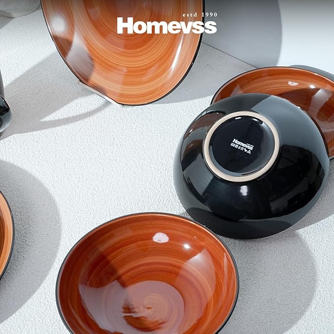 Sonoma Stoneware 16pc Dinnerware Set Outside Black + Inside Hand Painting Color Spice