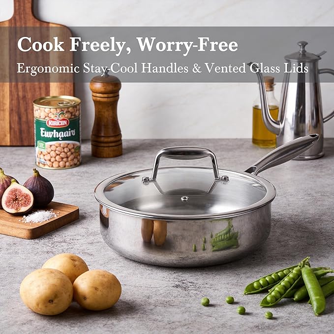 Stainless Steel Cookware Set - VONIKI Tri-ply Stainless Pots And Pans Set with Steamer Basket Non Toxic Induction Cookware Kitchen Cookware Sets PFOA &amp PTFE Free Dishwasher and Oven Safe
