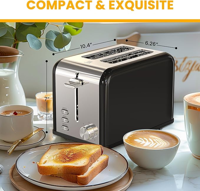 Simple Deluxe 2-Slice Toaster 6 Browning Setting and 3 Function Stainless Steel Toaster Extra Wide Slot &amp Removable Crumb Tray for Bread &amp Waffle Black
