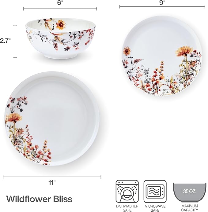 Mikasa Wildflower Bliss 12 Piece Floral Bone China Durable Chip Resistant Lightweight Dinnerware Set Service for 4
