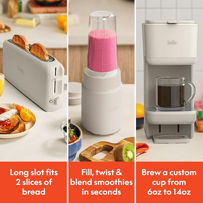 bella 2 Slice Slim Toaster + 6 Pcs Rocket Blender + Single Serve Kcup Coffee Maker Smart Toaster w 6 Shades Control Portable Smoothie Maker &amp Compact Coffee Machine Oatmilk