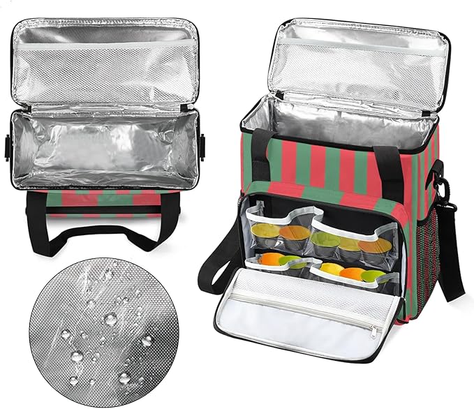 Red and Green Stripes Travel Coffee Maker Carrying Bag Large Organizer Storage Tote Bag Insulated Reusable Cooler Grocery Bags