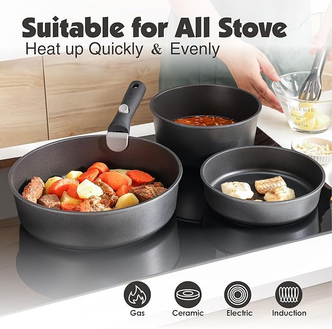 SENSARTE 24 Piece Pots and Pans Set Nonstick Detachable Handle Cookware Induction Kitchen Cookware Set with Removable Handle Healthy Non Stick for RV Dishwasher＆Oven Safe (Black)