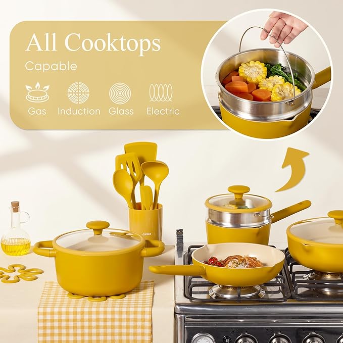 CAROTE 21pcs Cookware Set Nonstick Pots and Pans Set Ceramic Cookware Set Induction Cookware Non toxic Healthy Non Stick Kitchen Cooking Set PFAS PTFE Free