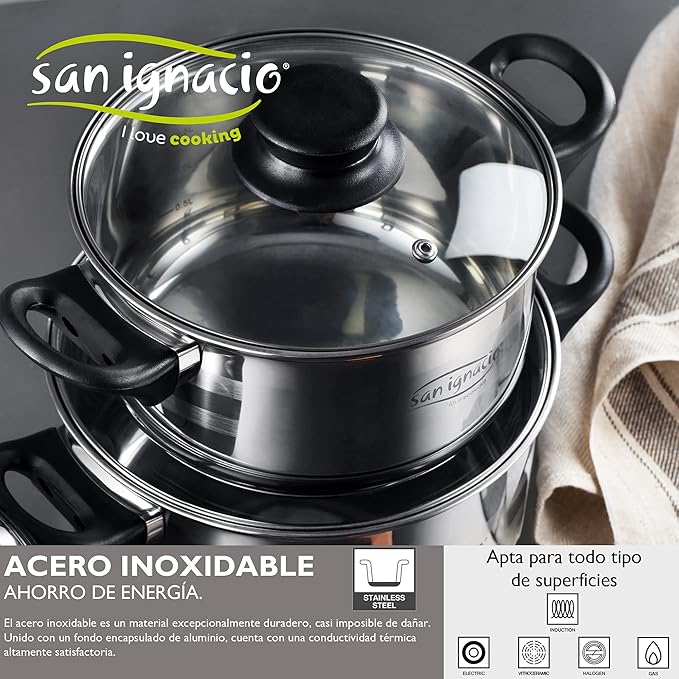 San Ignacio Pack of 3 Pans Diameter 20/24/28 cm Forged Aluminum + Kitchen Battery 8 pcs 5 Bodies and 3 Glass lids Stainless Steel Induction