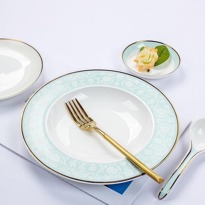 Fine Bone China Dinnerware SetPorcelain&ampCeramic Dinnerware SetsBone Stoneware &amp Ceramic Cookware Tableware Set Includes Dinner Plates|Spoons|Pasta Bowls|Soup Pot|Chopsticks (26PCS * 6-Person