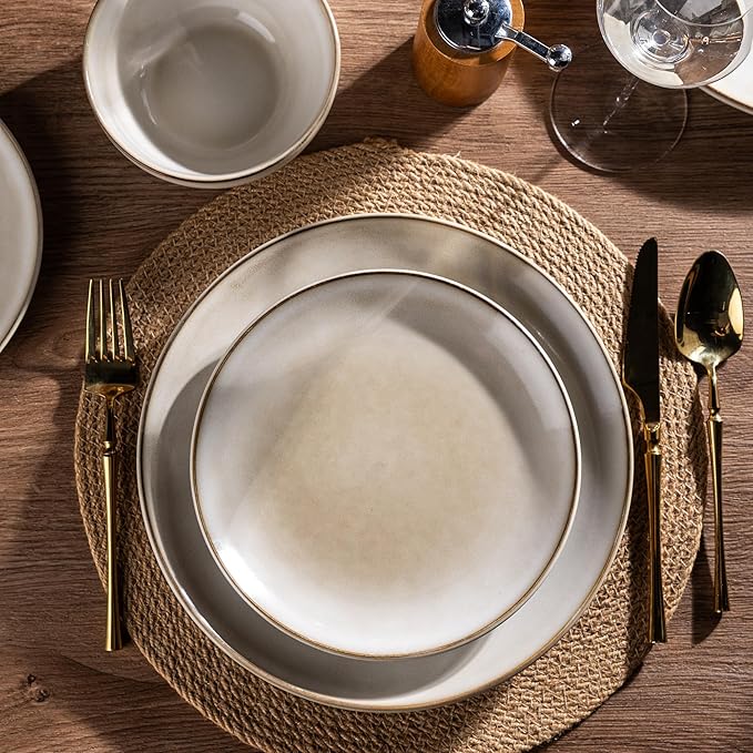 AmorArc Stoneware Dinnerware Sets for 6 18 Pieces Handpainted Ceramic Plates and Bowls Set Scratch Resistant Dishes Set Dishwasher &amp Microwave Safe Cappuccino
