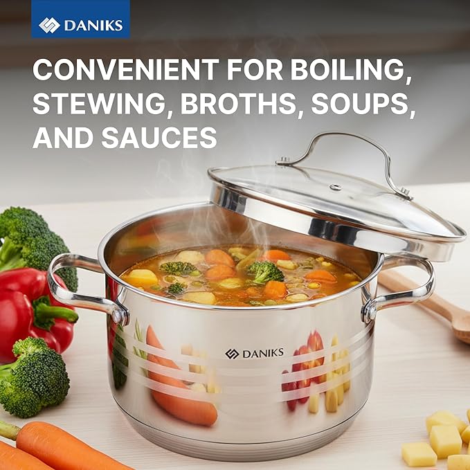 Daniks Tokio Stainless Steel Cookware Set 6-Piece – 2 qt 3 qt 4.5 qt Pots with Glass Strainer Lids Induction Ready Dishwasher Safe Measuring Scale Silver
