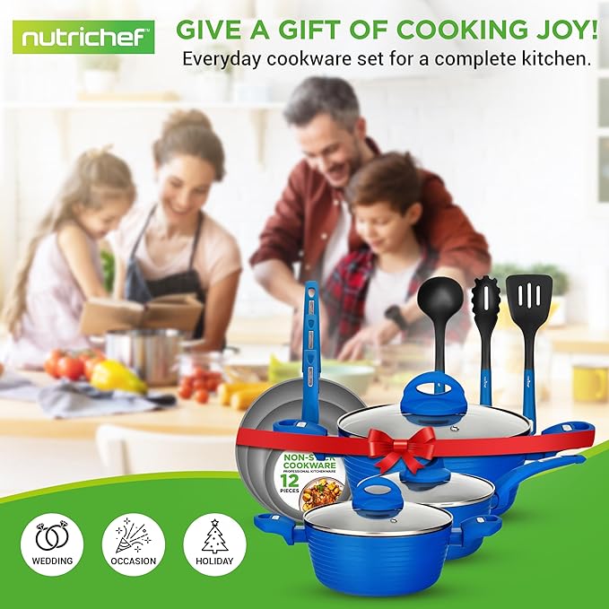 NutriChef 12-Pc Blue Nonstick Cookware Set - Professional Pots &amp Pans with Durable Coating All Cooktops Compatible Including Induction