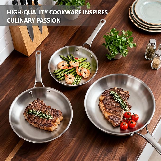 Bonnlo 3 Pieces Cookware Set 3-Ply Stainless Steel Skillets Set Non-Toxic Kitchen Set Oven &amp Dishwasher Safe Induction Cooking Set PFOA &amp PTFE Free Compatible for All Cooktops