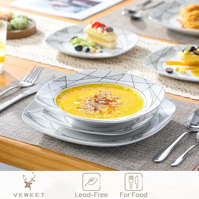 VEWEET 'Serena' 18-Piece Dinner Set - Ivory White Irregular Patterns Porcelain Plates: Set of 6 (7.5 Dessert 8.5 Soup 9.75 Dinner)