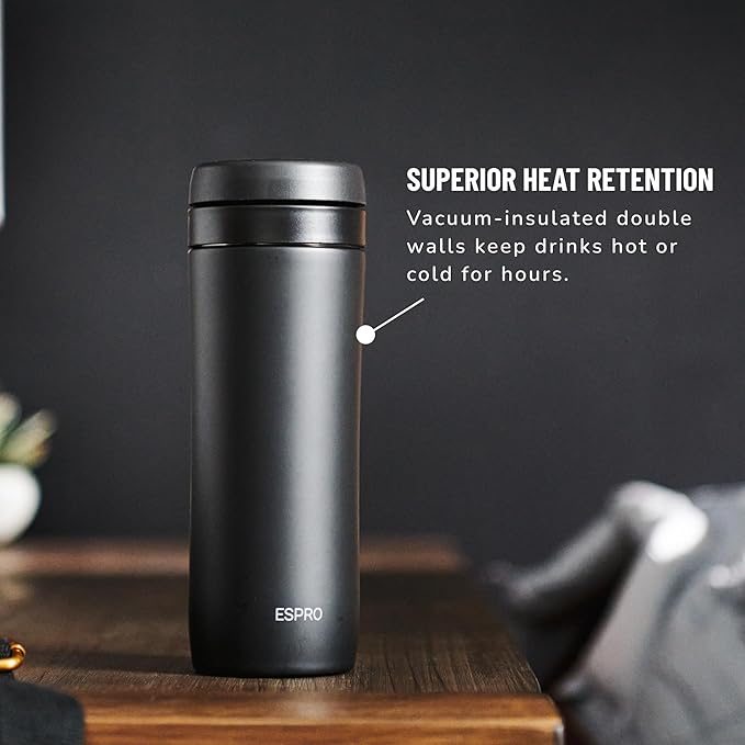 ESPRO P1 12 Ounces French Press Coffee Maker for Travel Double-Walled Stainless Steel Vacuum Insulated Matte Meteorite Black