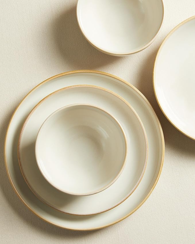 24 Piece Double Bowl Dinnerware Sets with Pasta Bowls Highly Chip and Crack Resistant Plates and Bowls Sets Natural Earthyware Ceramic Dishware Sets Service for 6 Yellow White
