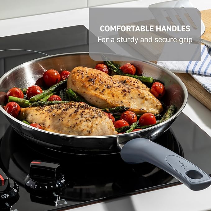 T-fal Essentials Stainless Steel Saute Pan w/Non Stick Coating &amp Glass Lid 3.5 Quart All Cooktops Including Induction Oven Safe 350F Heat Indicator Measuring Marks Dishwasher Safe Silver/Bl