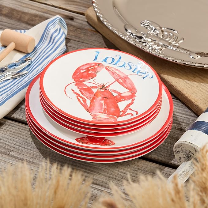 Beach House Lobster 12-Piece Melamine Dinnerware Set – Bold Coastal Charm Service for 4 Durable Lightweight and Dishwasher-Safe