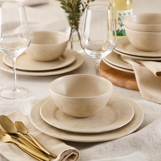 Bloomhouse - 2 Time Oprah's Favorite Things - Made in Portugal Hand Painted Dinnerware Set - Porto Petals 12 Piece (Service for 4) Floral Plates and Bowls Set - Lilly Cream