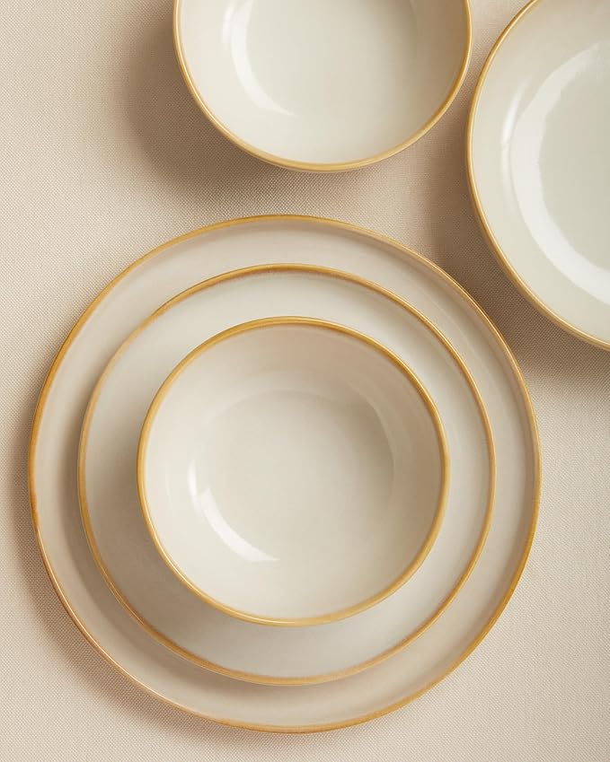 24 Pieces Dinnerware Set for 6 with Pasta Bowls Complete Ceramic Dish Set Stackable &amp Glossy Stoneware Plate and Bowl Set for Effortless Everyday Hosting Yellow White