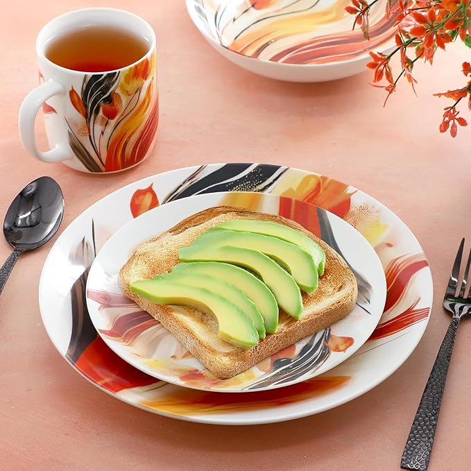 16‑Piece Porcelain Dinnerware Set with Floral Design – Round Plates Bowls and Mugs Microwave &amp Dishwasher Safe Tableware for 4 (Multi Color)