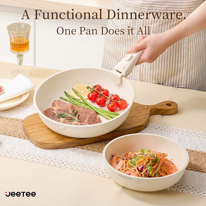 JEETEE Pots and Pans Set Non Stick 17pcs Kitchen Cookware Sets with Detachable Handle Induction Nonstick Cookware Set with Removable Handle Stackable RV Cookware Oven Safe PFAS/PFOA Free Beige