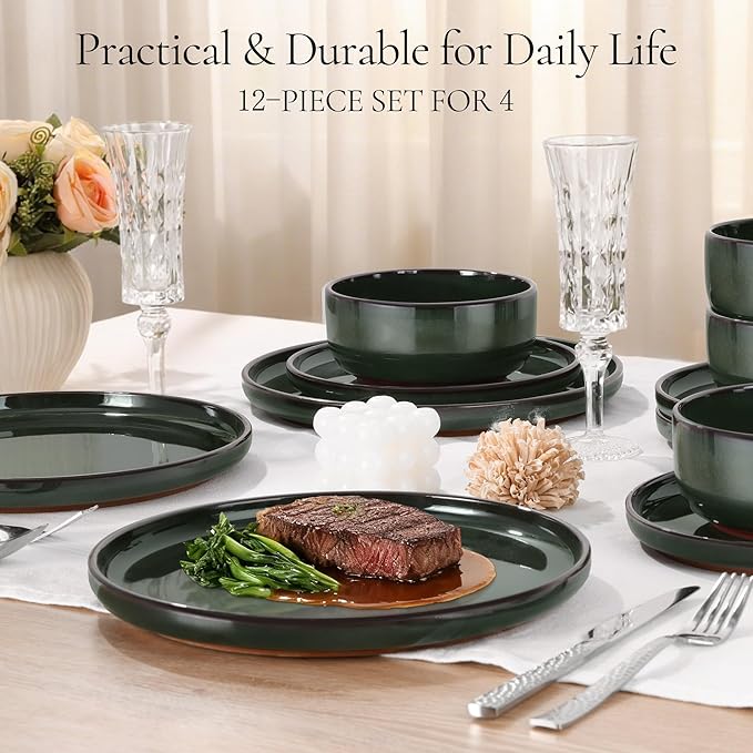 E-far Stoneware Dinnerware Sets for 4 12 Pieces Reactive Glaze Plates and Bowls Sets Elegant Dishes with Rustic Terracotta Base Dishwasher &amp Microwave Safe Scratch Resistant Blackish Green