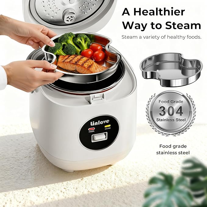 Rice Cooker Small 4 cup Uncooked2 Quart Non-stick Mini Rice CookerWith Stainless Steel Steamer TrayOne-Switch to Cook and Auto Keep WarmRecipe GuideSmall space saving for 1-4 peopleWhite