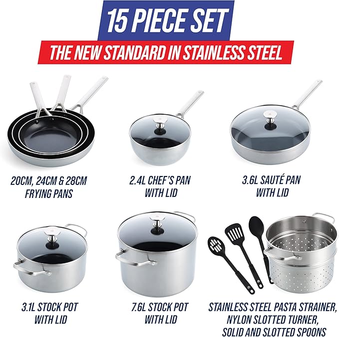 Blue Diamond Triple Steel Ceramic Nonstick Cookware Set - 15 Pieces Silver