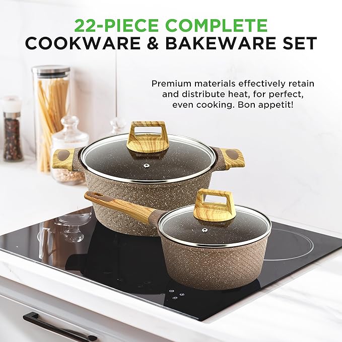 NutriChef 22‑Piece Non‑Stick Ceramic Pots and Pans Set – For All Cooktops Including Induction – PTFE &amp PFAS Free Includes Bakeware &amp Utensils