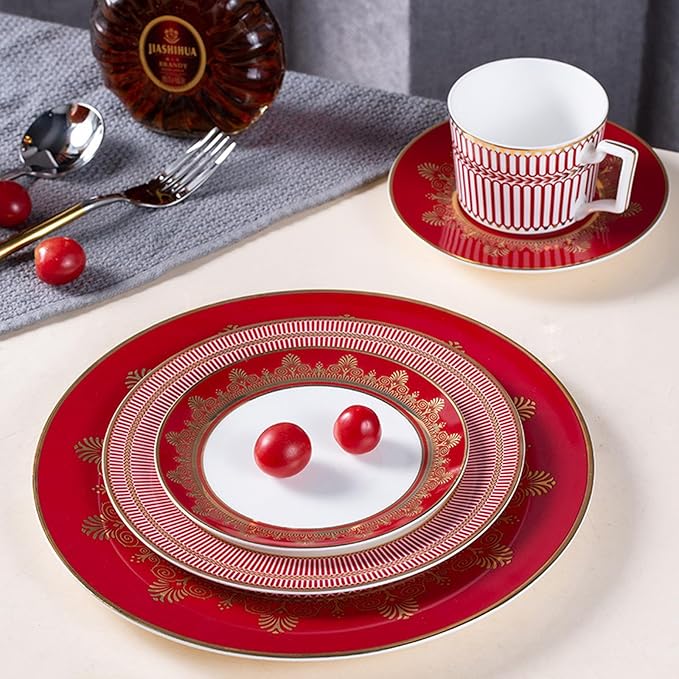 European Style Dinnerware Set Service for 2 Bone China Dinnerware Sets Unbreakable Porcelain Dinner Sets Coffee Cup and Saucer Tableware Set Steak Dinner Plates Dish Set Red Radiant Gold-3