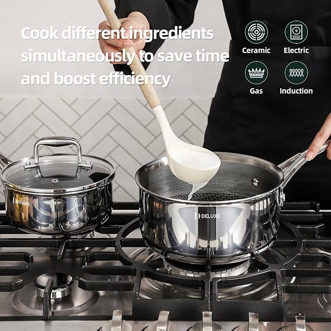 DELUXE Hybrid Ceramic Nonstick 6 PCS Pot Set 1.3 3&amp5.4-Quart Pot with Tempered Glass Lid Stainless Steel Cookware Pots with Stay-Cool Handle Dishwasher Safe Compatible with All Cooktops