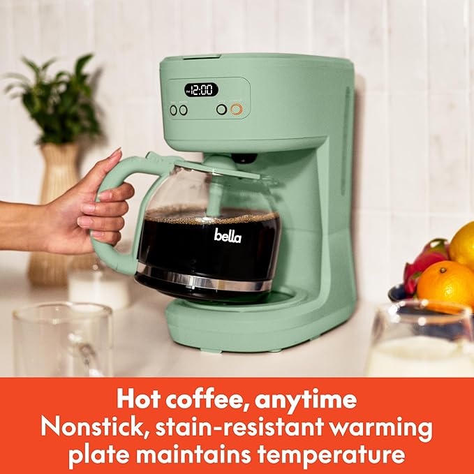 bella 12 Cup Programmable Coffee Marker Reusable Dishwasher Safe Accessories Easy LCD diaply Auto Shutoff 900 watt Seaglass