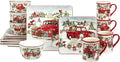 Red Truck Snowman 16 Pc Dinnerware Set Service for 4 Multi Color White Holiday Casual Modern Contemporary Square Piece Dishwasher Safe Microwave