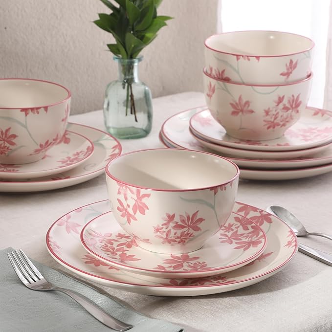Gibson Home Admiral Hall 12-Piece Matte Stoneware Dinnerware Set – Dinner Plates Salad Plates &amp Bowls with Pink Floral Pattern Durable Everyday Dish Set Microwave &amp Dishwasher Safe