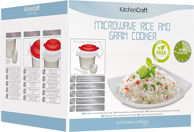 KitchenCraft Rice Cooker - Microwave Steamer BPA Free Plastic 1.5 Litre White/Red