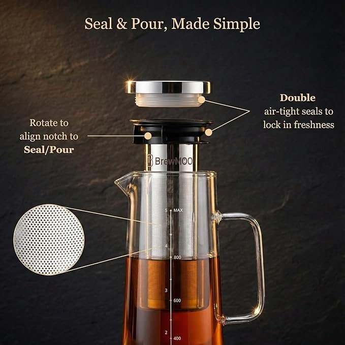 Cold Brew Coffee Maker Pitcher 1.0L/34Oz Airtight Borosilicate Glass Carafe with 150 Mesh Precision Filter | Barista Grade Iced Coffee Maker Integrated Glass Handle &amp Non Slip Base (Grey)