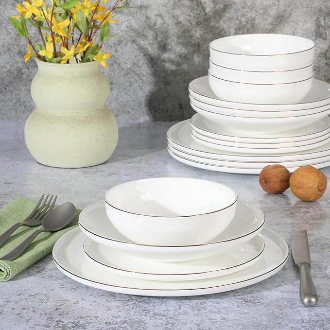 Gibson Elite Lana 16 Piece Bone China Double Plates and Bowls Dinnerware Set White w/Gold Rim