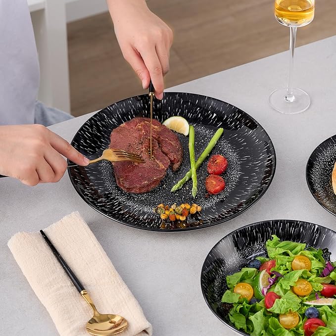 Bestone 12-Piece Round Porcelain Dinnerware Set Service for 4 Chip Resistant Plates and BowlsBlack Dishwasher &amp Microwave Safe for Home Daily Use