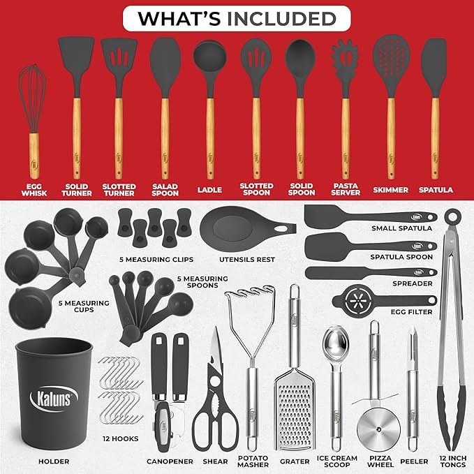 Kaluns 50 PCS Silicone Kitchen Utensils Set Complete Kitchen Set - 800°F Heat Resistant Non-Stick Premium Cooking Utensils W Wooden Handles - Can Opener Masher Turner Silicone Spatula Set