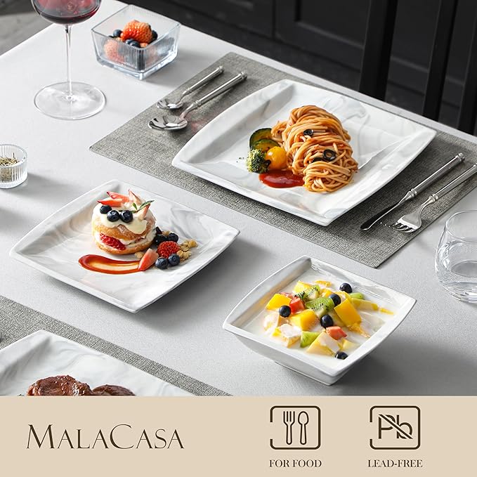 MALACASA Plates and Bowls Sets 12-Piece Porcelain Dinnerware Sets for 4 Square Plates and Bowls for Dessert Salad and Soup Ceramic Dishes Dining Dishware Set Marble Grey Series Blance