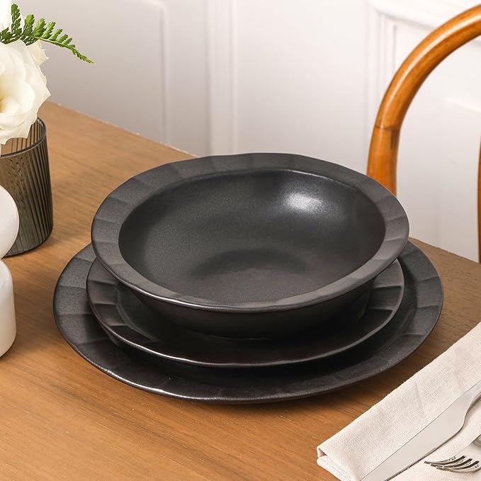 Stone Lain Oasis Stoneware 24 Piece Dinnerware Set Home Kitchen Dish Set with Dinner Plates Salad Plates &amp Bowls - Service for 8 Black