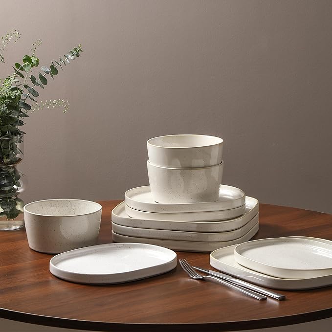 Stone Lain Cairo 12-Piece Dinnerware Set Stoneware Plates and Bowls Set Microwave and Dishwasher Safe Includes Dinner and Salad Plates Cereal Bowls Dish for 4 White Speckled