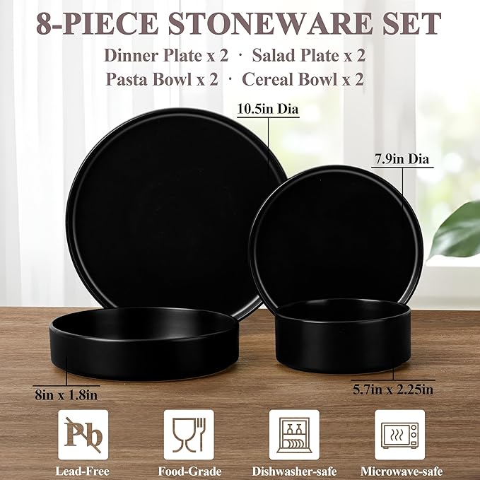 Herogo Dinnerware Sets with Pasta Bowls for 2 8 Piece Dinner Salad Plates and Cereal Bowls Stoneware Serving Dishes Dinner Ware for Home Kitchen Dishwasher &amp Microwave Safe Dishware Matte Blac